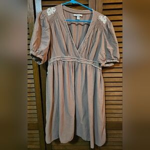 Old Navy Tan Embroidered V-Neck Dress | Size XL | Boho Chic Knee Length